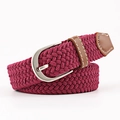 Unisex plum purple elastic woven belt with brown faux leather trim and silver metal buckle - Burgundy / 100cm Length 2.5 Width