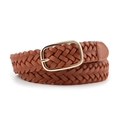 Women's brown braided leather belt with polished gold square buckle in rolled view - Camel / Length 110 Width 2.3