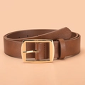 Classic men's brown leather belt with polished gold rectangle pin buckle for jeans - Gold Buckle Khaki Style (P0366-D)
