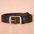Men's dark brown leather belt featuring a sleek rectangular golden metal pin buckle - Gold Buckle Coffee Style (P0366-D)