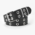 Cinturón punk negro de cuero sintético con doble fila de ojales plateados y hebilla de pasador - 110x3.3cm / Negro