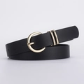 Classic black PU leather belt for women with a gold round pin buckle and dual metal loops - Black / 116*2.8