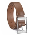 Classic brown leather belt for men with a silver square metal buckle and single loop - Silver Buckle Khaki Style (P0366-A)