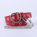 Red punk style PU belt with heart-shaped buckle, silver eyelets, and metal chain - Red With Chain