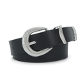 Women's black leather belt with wavy silver crescent buckle and dual metal loop accents - Black