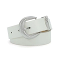 White leather waist belt with elegant silver spiral textured crescent buckle for women - White