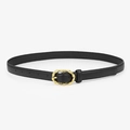 Women's slim black leather belt with vintage hammered golden oval buckle for jeans - Black