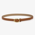 Classic brown leather thin belt for women featuring a vintage gold oval twist-rope buckle - Camel