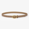 Khaki slim leather belt for women with retro gold woven buckle and neat stitching detail - Khaki