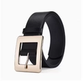 Classic black leather belt with a large square gold metal buckle for women - Black