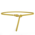Slim mustard yellow leather belt for women featuring a matte gold double oval metal buckle - Yellow