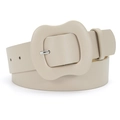 Women's wide faux leather belt in beige with matching wave-edged square buckle - 105cm x 3.8cm / Beige