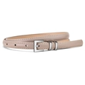 Elegant khaki slim leather belt with silver square buckle and white contrast stitching - Beige