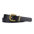 Women's black PU leather belt with decorative golden bamboo-shaped buckle and loop - Black