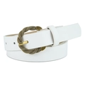 Slim white vintage faux leather belt with a decorative golden textured round buckle - Regular / White