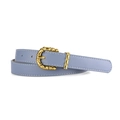 Women's light blue PU leather skinny belt with golden bamboo buckle and white stitching - Blue