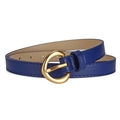 Fine ceinture minimaliste en cuir bleu roi pour femme avec boucle ronde dorée à ardillon - Bleu marine