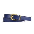 Navy blue PU leather skinny belt for women with golden bamboo style metal buckle - Navy Blue