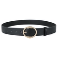 Women's black leather belt with golden oval buckle featuring subtle butterfly patterns - Black+Gold Buckle