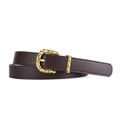 Dark brown leather belt for women featuring a stylish gold bamboo-shaped metal buckle - Dark Coffee