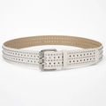 White leather belt with punk rivets and star cutouts featuring a silver double pin buckle - White