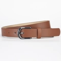 Classic tan brown faux leather belt with textured litchi grain and gunmetal D-ring buckle - 106cm x 2.3cm / Camel