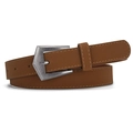 Brown frosted PU leather belt for women featuring a unique silver pentagon geometric buckle - 106cm / Camel