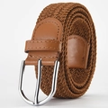 Brown woven elastic belt for men and women featuring a silver metal D-ring buckle - Camel