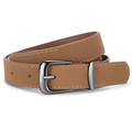 Minimalist camel brown faux suede belt with polished gunmetal buckle and stitching - Camel