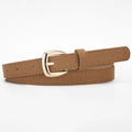 Women's slim brown suede leather belt with polished gold metal pin buckle and stitching - Camel