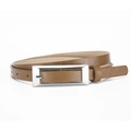 Minimalist khaki leather skinny belt with rectangular silver metal buckle for women - 106cm x 1.4cm / Camel
