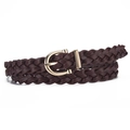 Women's dark brown woven leather belt with a vintage golden horsebit needle buckle - Coffee