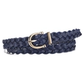 Dark blue braided leather belt with gold metal horseshoe buckle for women - Navy Blue