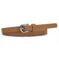 Minimalist brown suede slim belt for women featuring a silver horseshoe metal buckle - Camel