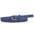 Elegant thin blue suede belt for women featuring a minimalist round silver metal buckle - Navy Blue