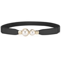 Elegante cinturón elástico negro para mujer con hebilla dorada y perlas blancas - Negro