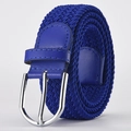 Dark blue braided elastic belt with silver metal buckle and navy leather trim details - Sapphire Blue