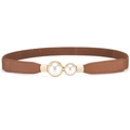 Elegante cinturón elástico marrón para mujer con hebilla dorada y perlas dobles incrustadas - Camel