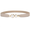 Elegante cinturón elástico beige con cierre de doble perla dorada para vestidos dama - Caqui