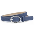 Minimalist navy blue suede faux leather thin belt with oval silver buckle and stitching - Navy Blue