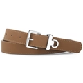 Brown slim leather belt for women featuring a polished silver square pin buckle and D-ring - 105cm / Camel