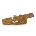 Kids' khaki elastic woven canvas belt with silver buckle and brown leather accents - Length 82*2 / Camel