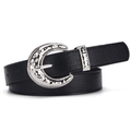Women's black PU leather belt with silver crescent moon hammer texture buckle - Black