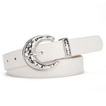 White PU leather belt for women featuring a large hammered silver C-shape metal buckle - White