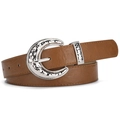 Women's brown leather belt featuring a unique hammered silver crescent moon buckle - Camel