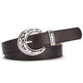 Dark brown faux leather belt with silver moon-shaped hammered metal buckle for women - Coffee