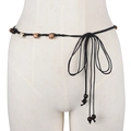 Bohemian black woven waist chain with ethnic beads on beige dress background - Black