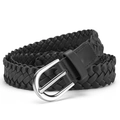 Classic black braided leather belt with a polished silver metal buckle for women's jeans - Total Length 110 / Black