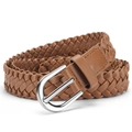 Caramel brown woven leather belt with a polished silver oval pin buckle for jeans - Total Length 110 / Camel