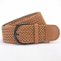 Vintage brown woven stretch belt with round black metal buckle for women - Camel / 110*4